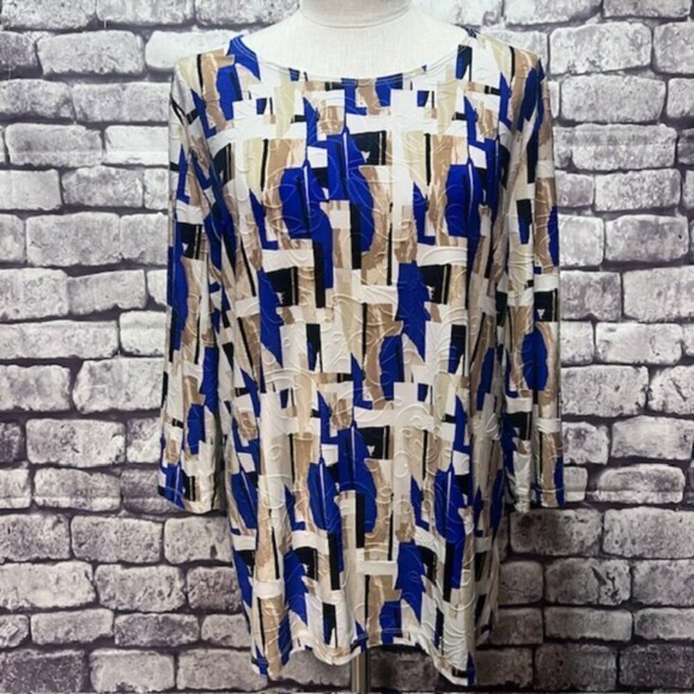 JM Collection White, Blue, Black & Beige Blouse Size XXL